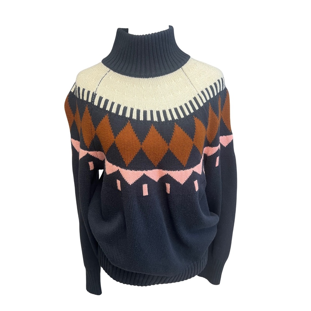 Retro Sweater Womens Sz M Navy Blue Geometric Mock Neck Knit Fall Winter Cozy
